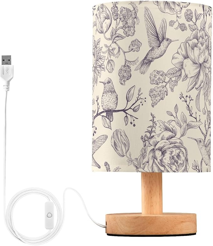 Bedside Table Lamp Vintage Birds Flowers Florals Nightstand Lamp with Wood Desk Lamps for Bedroom Living Room Nursery Office Home Decor by Oarencol