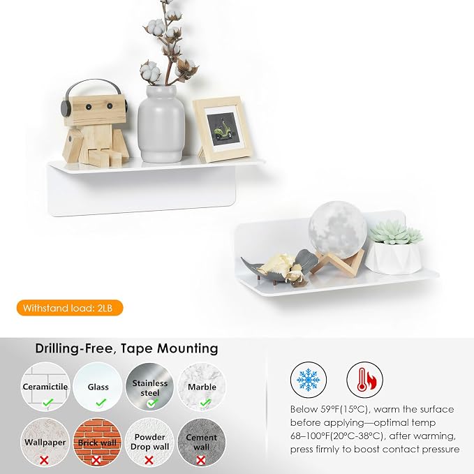 OAPRIRE Acrylic Floating Wall Shelves White, No Drill, 9 Inch 2 Pack - Image 5