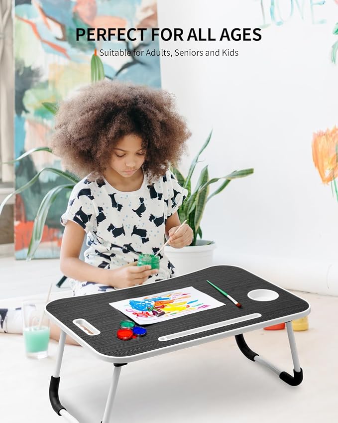 FISYOD Foldable Laptop Table, Portable Lap Desk Bed Table Tray, Laptop Stand with Cup Holder & Tablet Slot & Lifting Handle for Working Writing Drawing & Eating (Black) - Image 3
