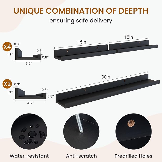 Picture Ledge Shelf, Floating Shelves for Wall Decor, Black, Set of 6, 30'' - Image 3