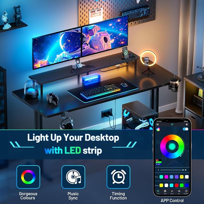HLDIRECT 63 Inch Gaming Desk with LED Lights & Cable Management, Black - Image 6