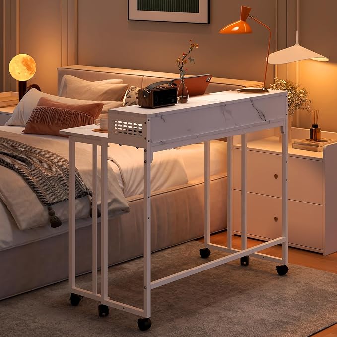 39.4" Folding Desk with Storage Shelf, Small Rolling Desk,White Marble - Image 2