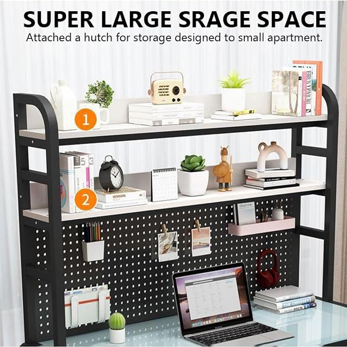 Gaming Desk with Pegboard and Storage Shelves,Tempered Glass Computer Desk Workspace,Modern Writing Study Table Gaming Table with Metal Frame for Home Office(160x60x165cm(63x24x65inch), A) - Image 4