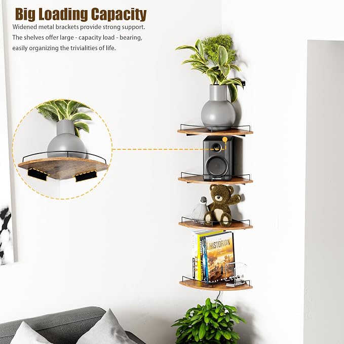 Corner Shelf Wall Mount, Floating Corner Shelves, Set of 4 Corner Wall Shelf Organizer,Rustic Wood Wall Storage Display Shelves forLiving Room Bedroom Bathroom Kitchen - Image 3