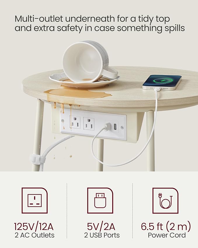 VASAGLE Side Table with Charging Station,Fabric Basket, Round End Table - Image 5