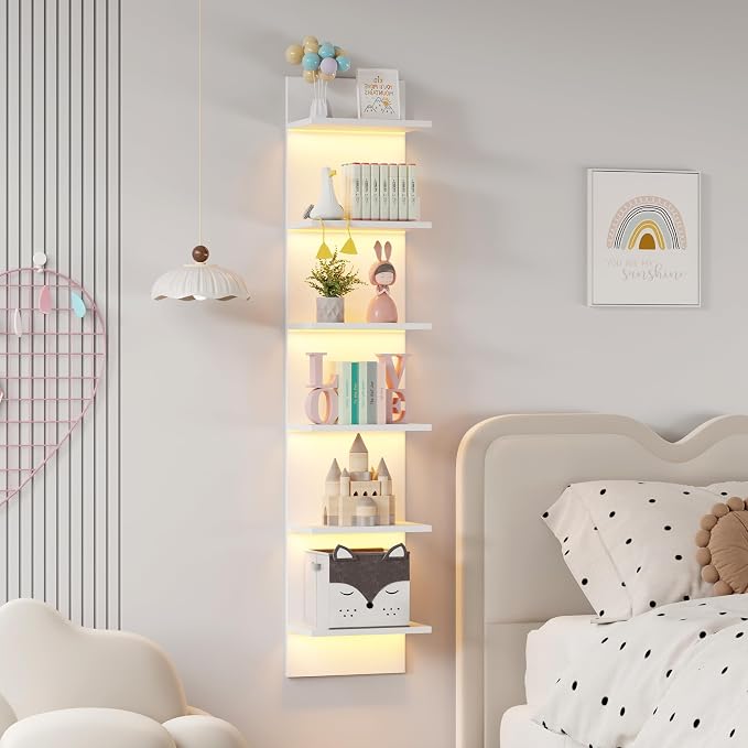 Qupui 6-Tier Wall Shelf with RGB LED, 57" Floating Storage, White - Image 5