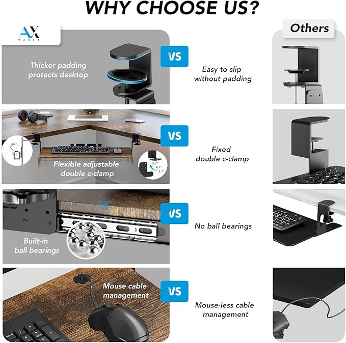 AX WABER Keyboard Tray Under Desk Pull Out with Extra Sturdy C Clamp Mount System, 27.3 (32.5 inch Including Clamps) x 11 Inch Slide-Out Platform Computer Drawer for Typing Vintage AX01WG02 - Image 3