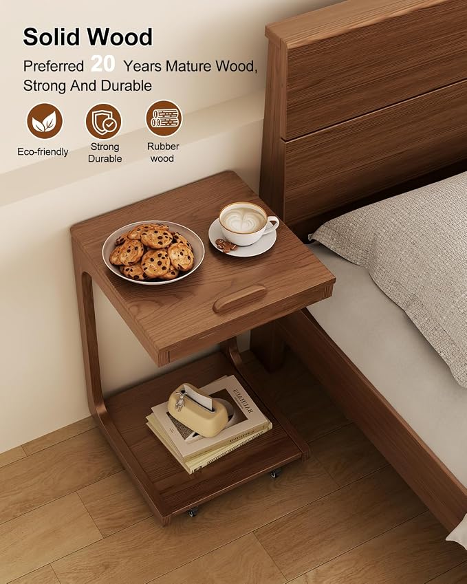 AQIMUELE Wooden C-Shaped End Table,Couch Table with Adjustable Desktop,Small Rolling Side Table with 2 Lockable Wheels,Small End Table for Couch, Living Room,Bedroom (Walnut) - Image 4