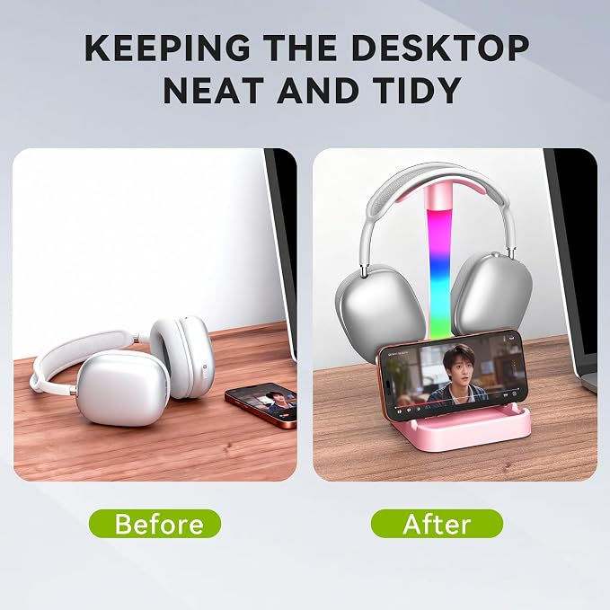 Headphone Stand with Charger,Gaming Headset stand with RGB Light Mode,For Airpod Max Stand,Desk Lamp,Phone Holder,Tablet Holder,desktop organizer,Gifts for Gamers & Music Lover (Pink) - Image 6