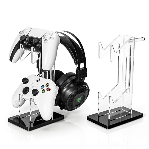 OAPRIRE Acrylic Game Controller Stand for Desk, 2 Tier, Stabilized Base | Controller and Headset Stand, Gamer Gift for PS5 PS4 Xbox Controllers, Desk Accessories, Quick Desk Tidy In Seconds, Black by OAPRIRE