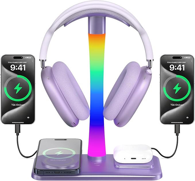 Headphone Stand with Wireless Charger,Gaming Headset stand with RGB Light,For Airpod Max Stand Compatible with Airpod Pro/3/2,For iPhone 17/16/15/14/13/12/11,Gifts for Gamers & Music Lover (Purple) by Unknown