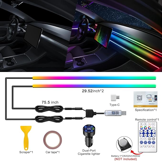 Dreamcolor Acrylic Interior Car LED Strip Light with USB/Type C/4-Port Cigarette Lighter, RGB 2 in 1 with 59.04 inches LEDs Ambient Lighting Kits, Sound Active Function Neon Led Strips for Car - Image 2