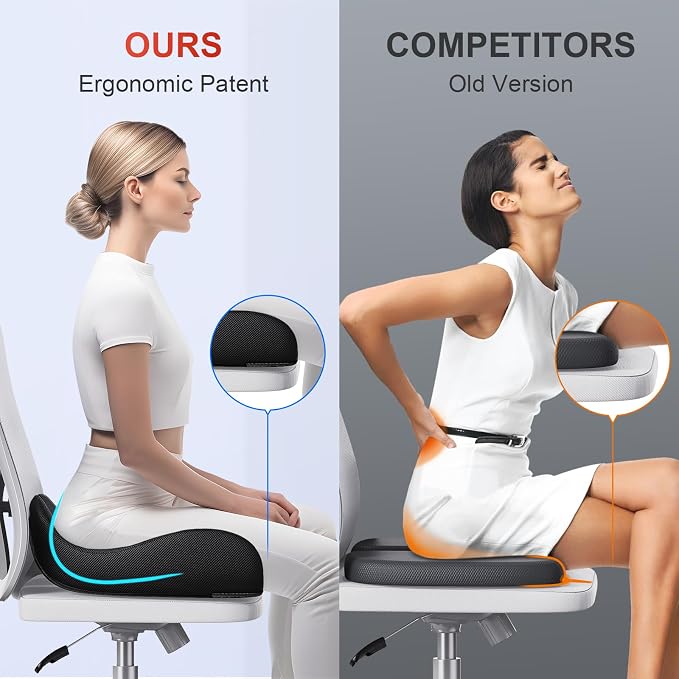 Benazcap Memory Foam Seat Cushion Relieves Sciatica & Tailbone Pain | Ergonomic design, washable cover & anti-slip base, long-sitting pad for office, gaming and car seats Black - Image 3