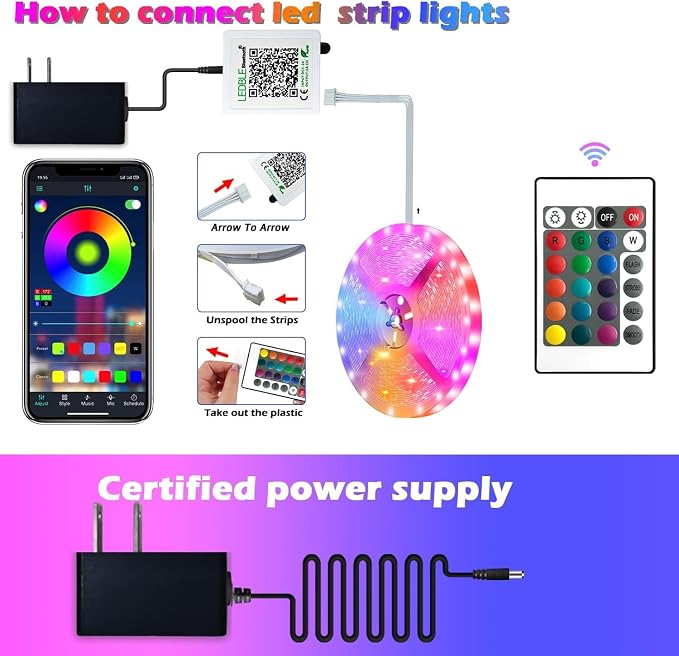 65.5FT Led Strip Lights,Long Smart Led Light Strips Music Sync 5050 RGB Color Changing Rope Lights,Bluetooth APP/IR Remote/Switch Box Control Led Lights for Bedroom,Home Decoration,Party,Festival - Image 2