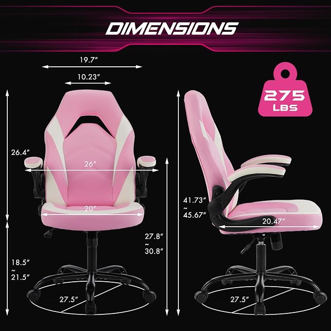 Sweetcrispy Computer Desk Chair, Lumbar Support Video Game Chair PU Leather | Ergonomic Comfy, PU Leather, Flip-up Armrest, Height Adjustable, 360 Swivel, White Pink - Image 3