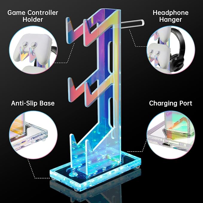 NiHome Controller Holder & Headphone Stand, LED Acrylic 3-Tier Gaming Desk | USB-Powered 7 Colors 3 Modes, Anti-Slip Headset Cable Management, Gamer Gift For PS5 Xbox - Image 4
