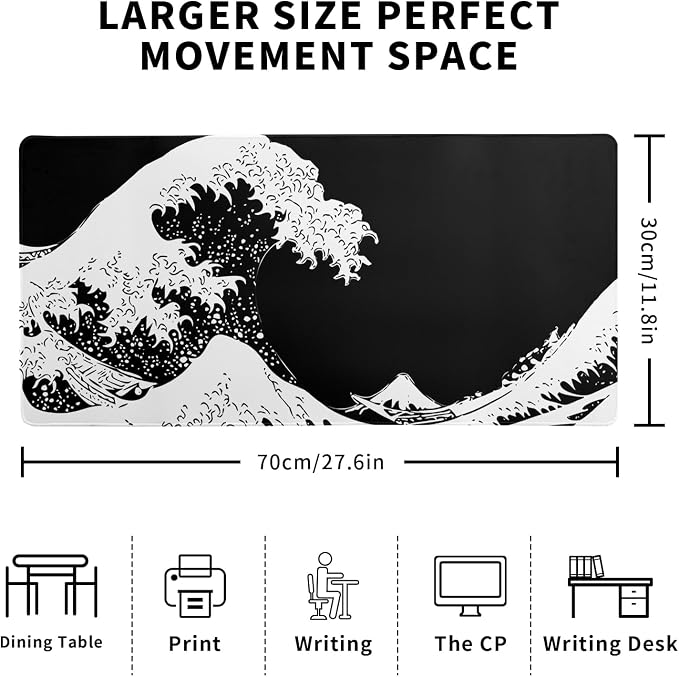 Japanese Sea Wave Large Mouse Pad, Abstract Black Gaming Mousepad, Extended Kanagawa Mat Desk Pad, 3mm Thick Long Non-Slip Rubber Base Mice Pad for Office and Home, 27.6x11.8 Inch - Image 2