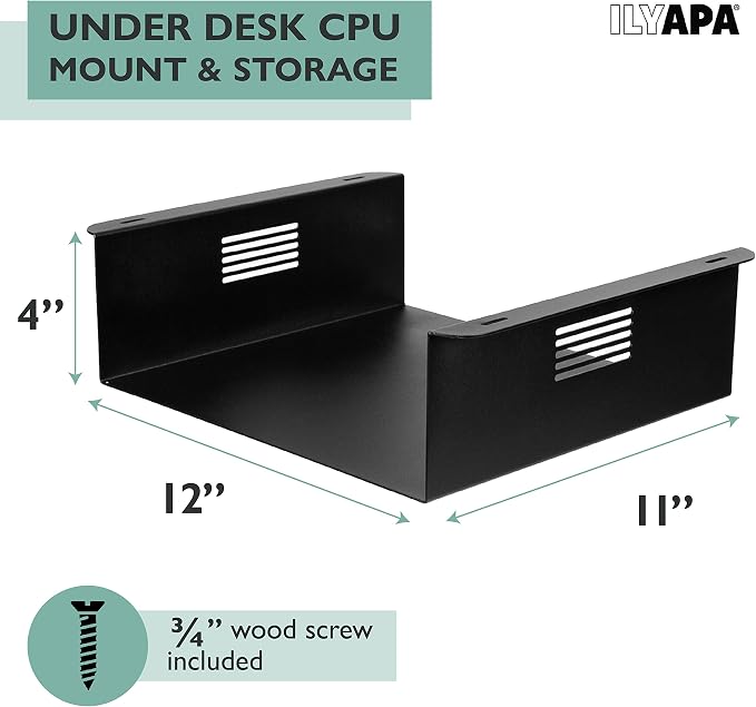 Ilyapa Under Desk CPU Mount, Steel Under Desk Computer Mount Vented Sides, PC Wall Storage, Laptop Stand, Shelf for Office Storage, 4x12x11 Inches - Image 2