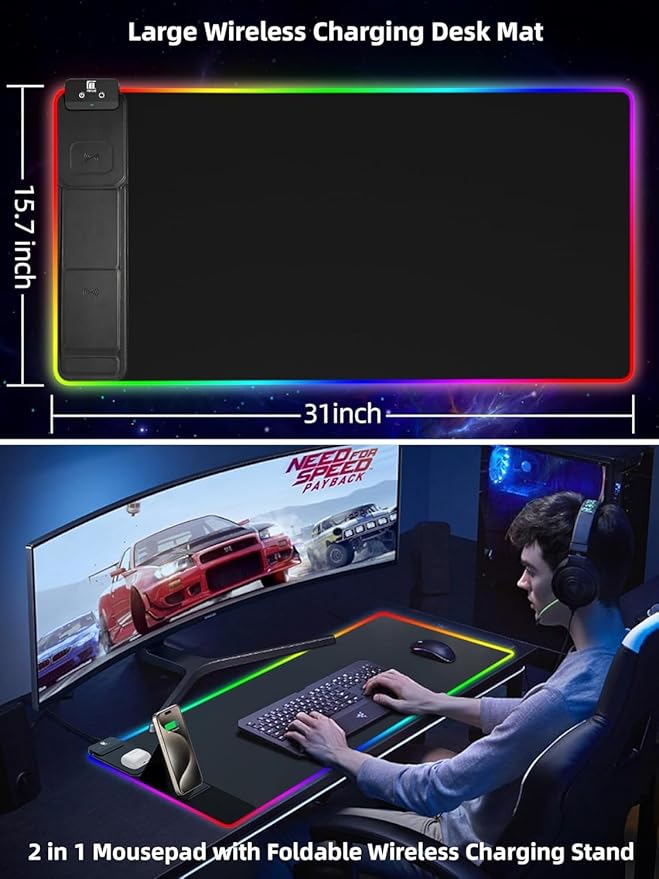 XXL Mouse Pad with Phone Holder - Black, RGB Desk Mat with 15W Fast Charging, LED Gaming Mousepad with 11 Light Colors, Waterproof Non-Slip Pad for Office & Home (Black with PD Adapter) - Image 2