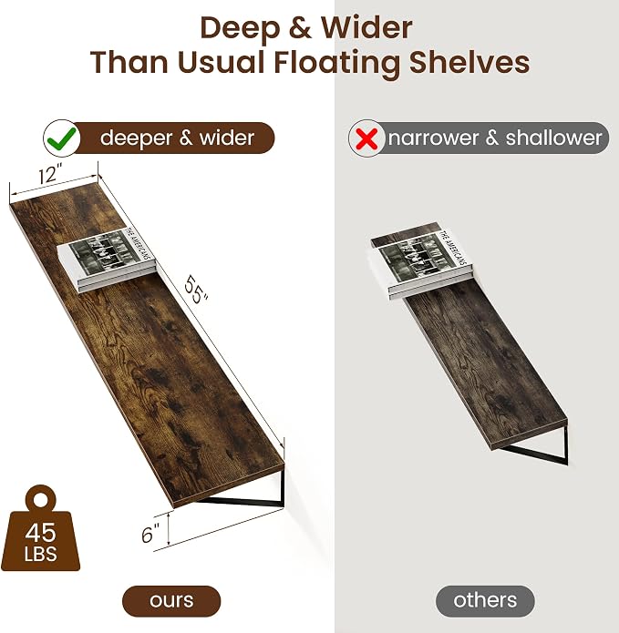 Axeman 12 Inch Deep Floating Shelves for Wall - 55 Inch Wide x 12 Inch Deep Wall Shelves Set of 2 - Rustic Wood Floating Shelves for Living Room - Image 3