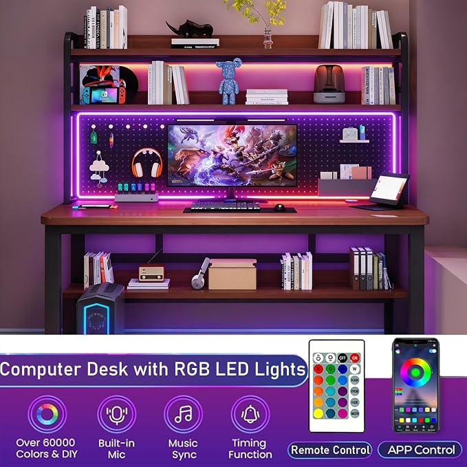 Gaming Desk with LED Lighting and Charging Station | 47 Inch Computer Desk With Hutch & Pegboard Organizer, USB-C Ports & Power Strip, Modern Workstation For Gamer Home Office - Image 4