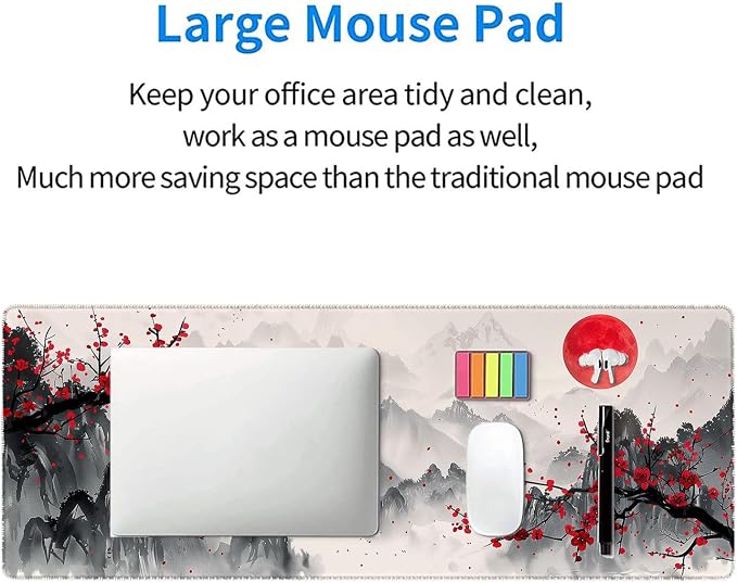Watercolor Cherry Blossom Gaming Mouse Pad - Chinese Ink Painting Mountain Desk Mat With Stitched Edge Non-Slip Base for Office Computer Keyboard Laptop Home 31.5"x11.8" - Image 7