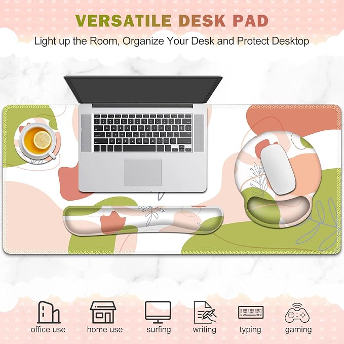 Gaming Mouse Pad, Large Desk Mat, Cute Desk Pad Protector, 4 in1 XXL Mousepad + Keyboard Wrist Rest+Mouse Wrist Rest+Coaster Set with Ergonomic Desk Pad for Home Office Table Computer Pink Rose - Image 8
