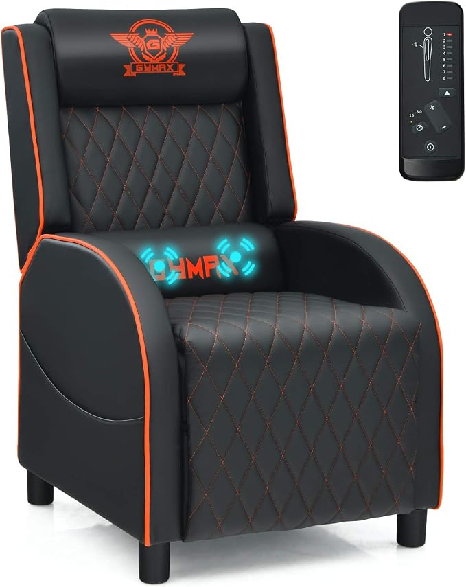 GYMAX Massage Gaming Recliner Chair, Ergonomic Racing Style Single Sofa with Adjustable Headrest, Backrest & Footrest, Home Theater Sofa for Living Room Office (Orange) by GYMAX