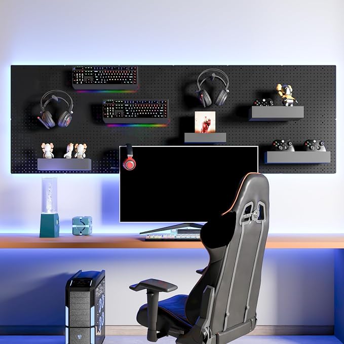 FZK Modular Plastic Pegboard Wall Organizer Kit, Black, 12x12, 4 Panels | ABS material, wall mount storage kit, includes hooks and shelves, drill free or screw installation, for home & gaming room - Image 7