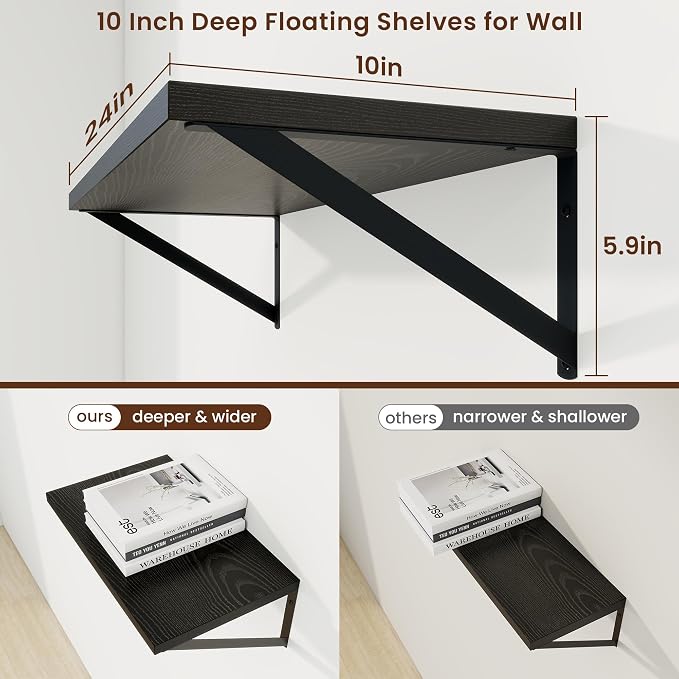 Axeman Deep Floating Shelves, 24'' x 10'' Black Wall Shelves Set of 2 - Image 3