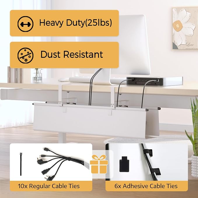 Under Desk Cable Management Tray, 28" Fabric Wire Cord Organizer, White - Image 5