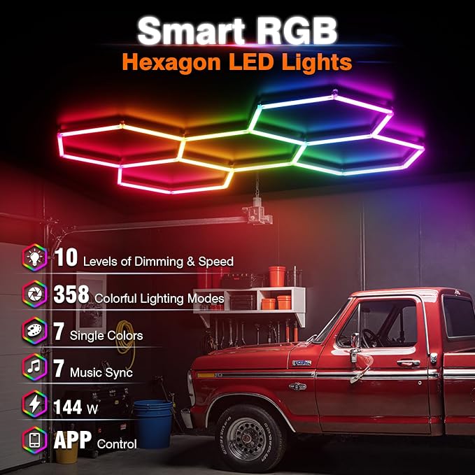 RGB Hexagon Garage Lights, Music Sync LED Hexagon Lights for Gaming Room, Smart App & Remote Control, DIY Honeycomb Ceiling Light for Studio Gym Basement Deco - Image 2