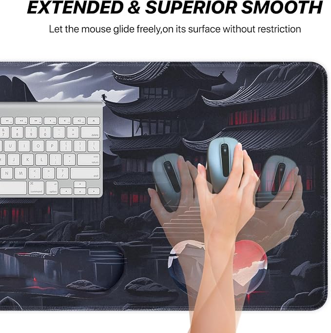 3-in-1 Large Gaming Mouse Pad, Anime Mouse Pad & Keyboard Wrist Rest Support, Memory Foam Ergonomic, Japanese Red Moon Desk Mat Set for Home Office Study Game, 31.5 X 11.8 Inch - Image 4