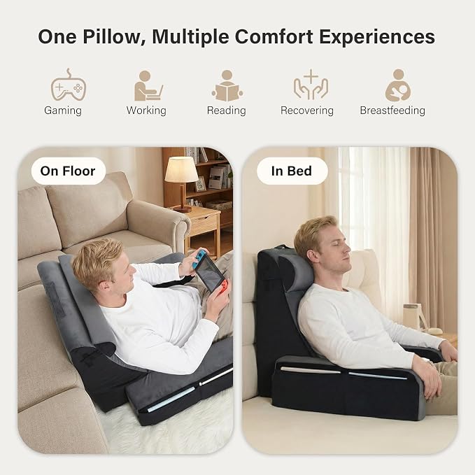 Vekkia 25" Reading Pillow for Bed with XL Side Pockets for Tall Adults | 60° Wedge Back Support, Built-in Armrests, Washable Cover,Idea for TV,Gaming,Working,Nursing,Recovery in Bed&Floor,Black/Gray - Image 4