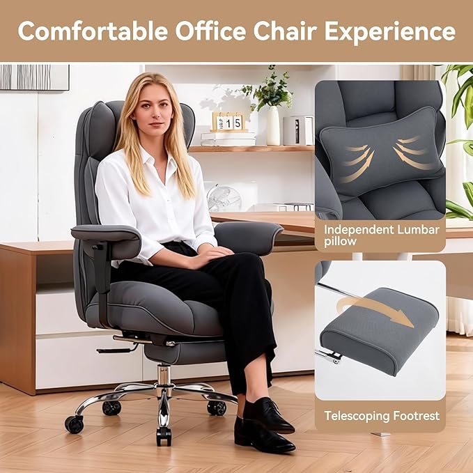 Efomao Executive Office Chair, Bluegrey Fabric Big and Tall Desk Chair | Breathable fabric, pocket spring & foam seat, retractable footrest, 135° recline for computer gaming setup - Image 3