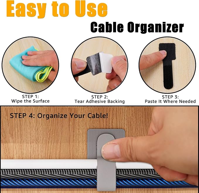 80PCS Hook and Loop Cable Straps, Cable Management Under Desk, Adhesive Cable Ties, Reusable Wire Organizers for Cords, Cords Management, Computer Accessories for Desk, Home Office Essentials, Gray - Image 3