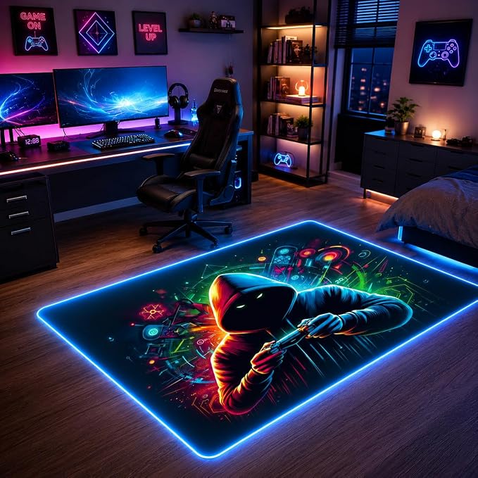 Gaming Rug RGB LED Light (3x5 Gamer) - Bedroom Gamer Rug Floor Mat Gaming Decor - Kids Room Rug Anti Slip Mat for Chair – Play Game Room Décor for Teen, Boys, Kids - Image 8