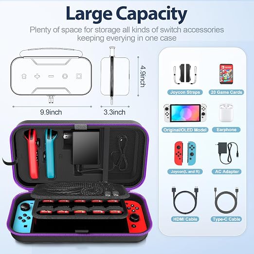 OIVO Switch 1 Carrying Case Compatible with Nintendo & OLED, Portable Switch Travel Carry Case Fit for Joy-Con and Adapter, Hard Shell Protective OLED Pouch Bag with 20 Games, Purple - Image 2