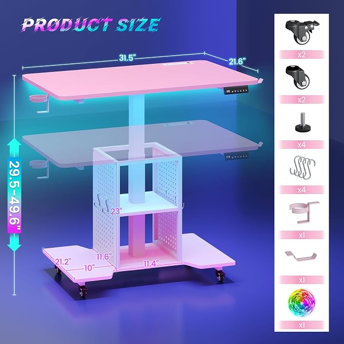 SEDETA Small Standing Gaming Desk, 31.5" Rolling Computer PC Desk Electric Height Adjustable with Power Outlet, Pegboard & Storage Shelves, LED Light, for Small Spaces/Bedroom/Gaming/Girl Room, Pink - Image 2