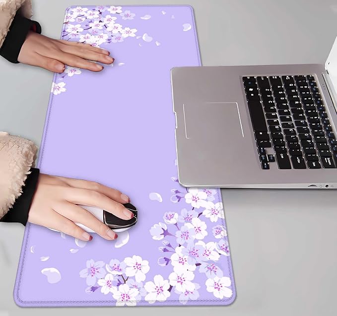 IMAYONDIA Sakura Japanese Desk Mat, Cherry Blossom Large Gaming Mouse Pad, Elegant Floral Mousepad for Women, Purple Flowers Aesthetic Desk Pad for Work Decor, Game, Office, 31.5x11.8 - Image 7