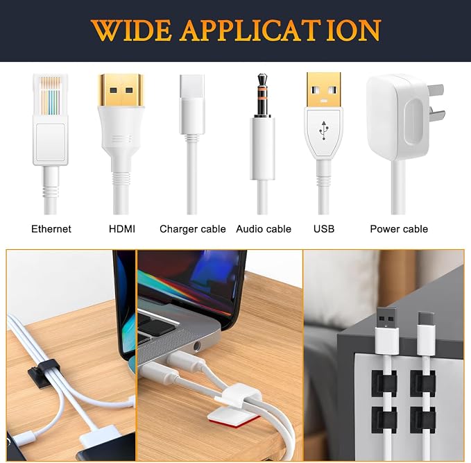 SOULWIT 50 Pcs Self Adhesive Cable Management Clips, Cable Organizers Sticky Wire Clips Cord Holder for TV PC Laptop Ethernet Cable Desktop Home Office (Black) - Image 5