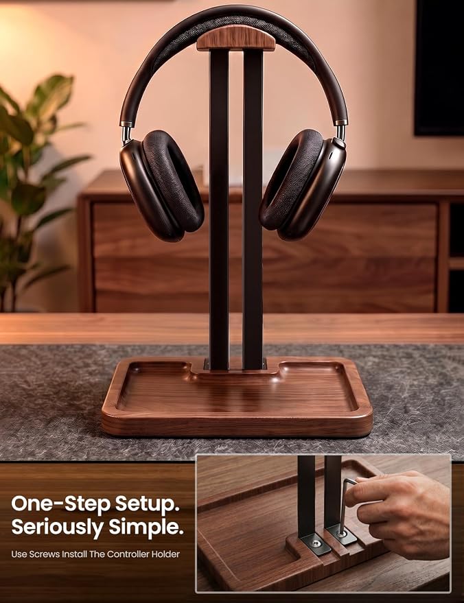 LOXP Walnut Headphone and Controller Stand, 2-in-1 Holder with Storage | Solid Wood Gaming Headphone Stand, Built-in Storage, Non-Slip, Fits Xbox PS5 Switch Controllers, Desktop Organizer for Gamers - Image 5