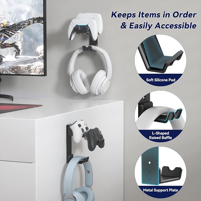 KDD Dual Controller & Headphone Holder Stand Wall Mount - Gaming Headset Hanger with Adhesive or Screws Install for Xbox Series X/S, PS5/4/3, Switch, STEAM, Universal PC Gamepad Accessories - Image 4