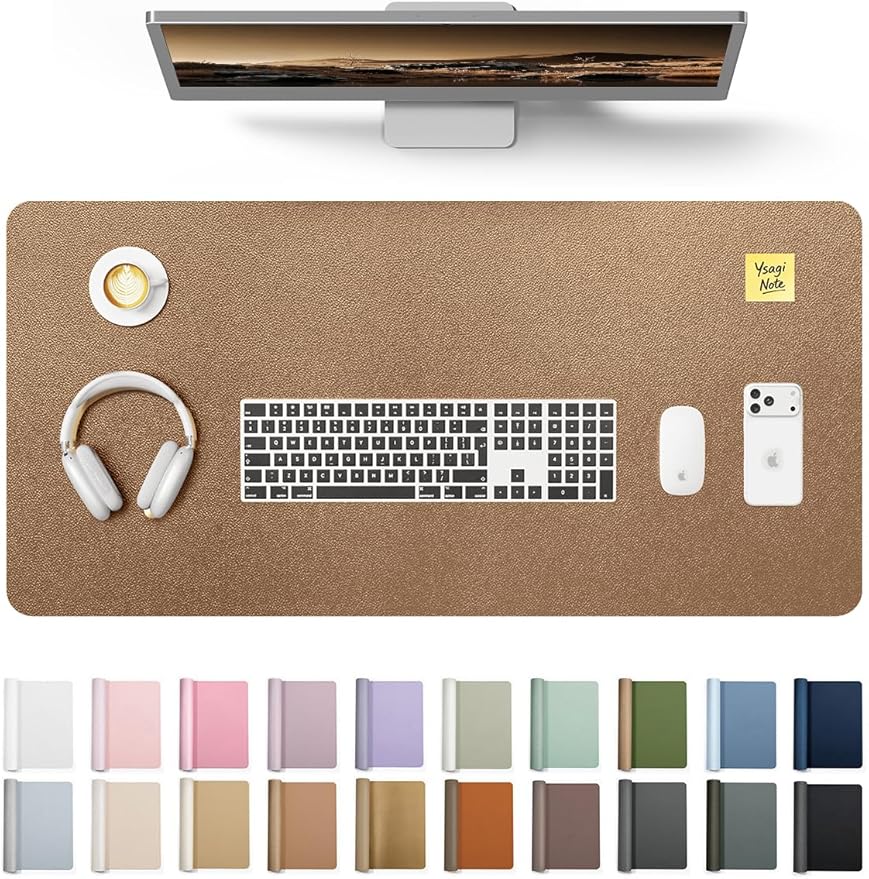 YSAGi Leather Desk Protector, Office Mat, Large Mouse Mat, Non-Slip PU Leather Blotter, Laptop Pad, Waterproof Writing Pad for Office and Home (Shiny Bronze, 31.5" x 15.8") by YSAGi