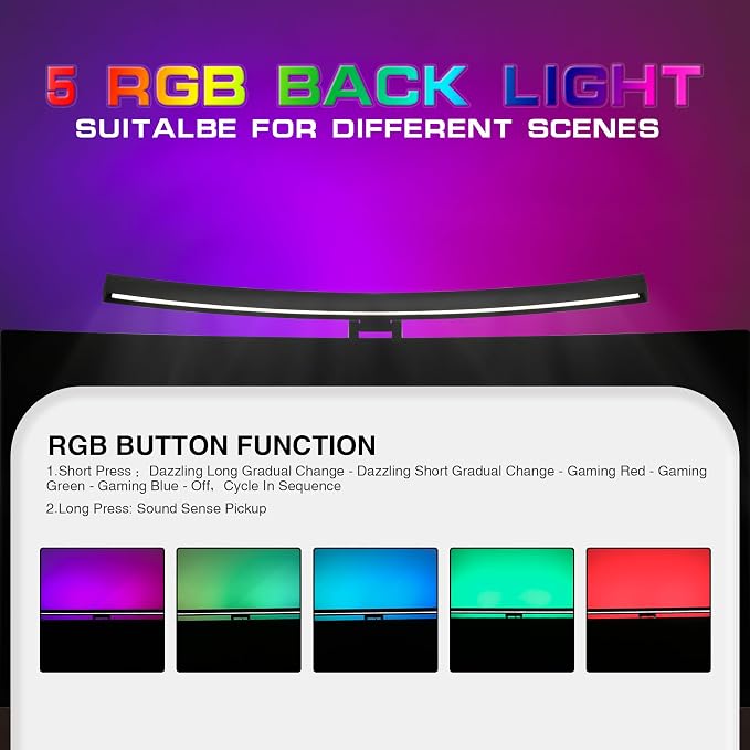 Curved Monitor Light Bar with RGB Backlight, 3 Color Temperature and Stepless Dimming, Music Sync LED Screen Strip with Touch Control Buttons for Computer Screens - Image 3
