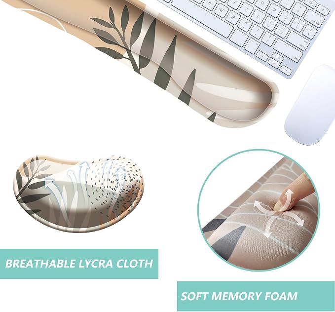 Keyboard Wrist Rest Mouse Wrist Support Set, Memory Foam Wrist Rest Pad for Computer Laptop Keyboard Mouse, Ergonomic Wrist Cushion Support for Typing Pain Relief, Gaming Home Office, Leaves Buff - Image 3