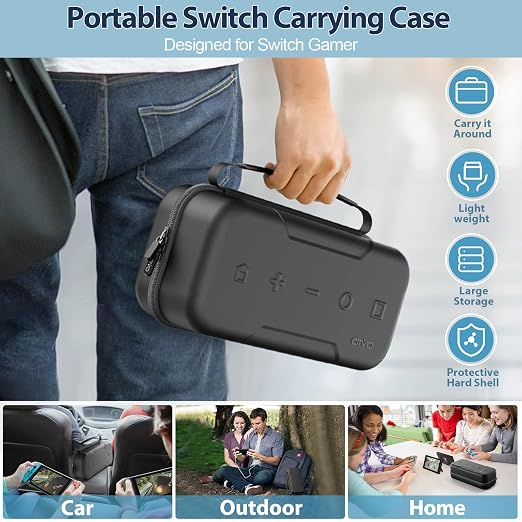Switch Carrying Case Compatible with Nintendo & OLED, Portable Switch Travel Carry Case Fit for Joy-Con and Adapter, Hard Shell Protective OLED Pouch Bag with 20 Games, Black - Image 6