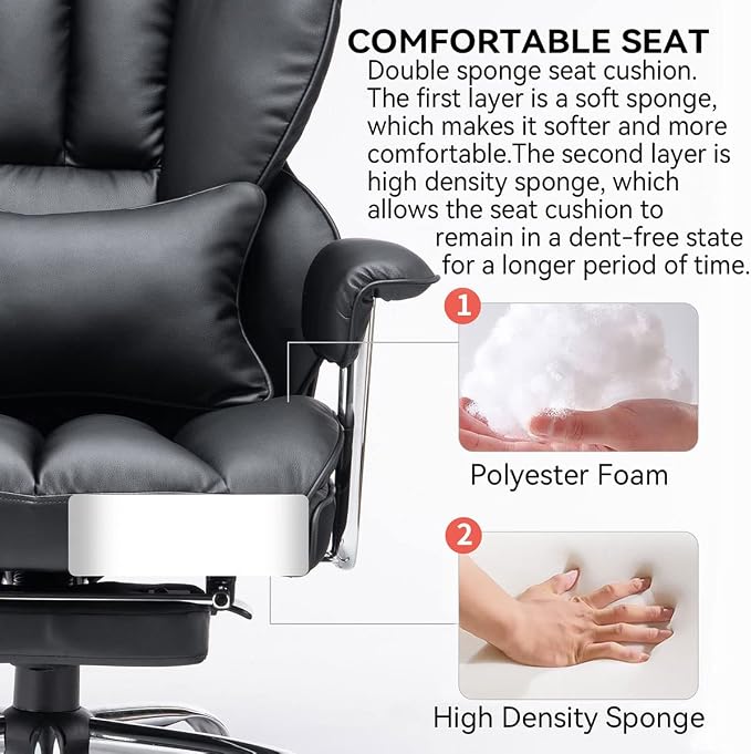 Efomao Big and Tall Office Chair with Foot Rest 400LBS, PU Leather Computer Chair, Heavy Duty Executive Office Chair with Lumbar Support, Black Home Office Chairs | 400lbs support, 135° recline, dual-layer foam cushion, 23.5" seat & footrest. BIFMA - Image 6