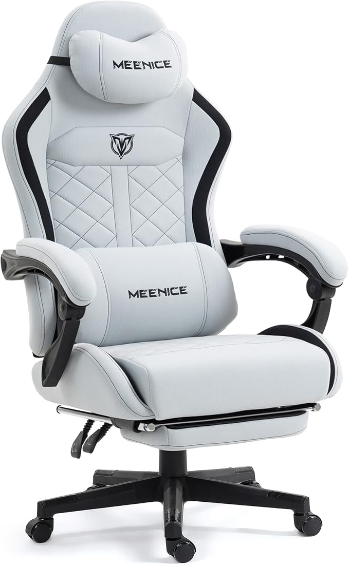 Big and Tall Gaming Chair Fabric with Footrest, Massage Lumbar for Adults | Ergonomic High Back Gamer Chair with Pocket Spring Cusion, Wide Video Game Chair Comfy for Big Guys 400LBS Home Office Gray by MEENICE