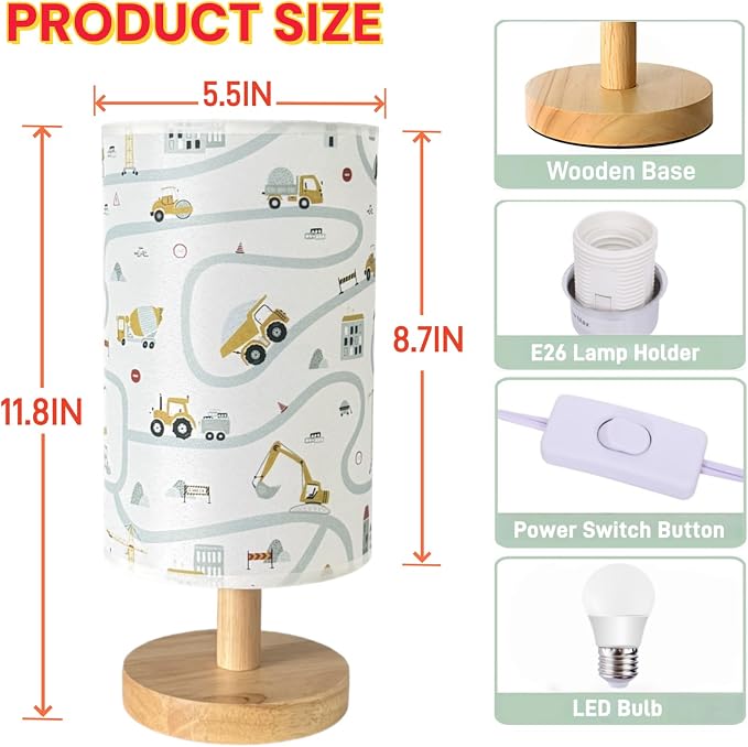 Kids Desk Lamp for Bedroom Boy,Reading Car Lamp,3-Way Dimmable Bedside Night Light with Cartoon Pattern Printed Shade and Wood Base for Kids Room Nursery Living Room Decor,Car Gift for Boys - Image 5
